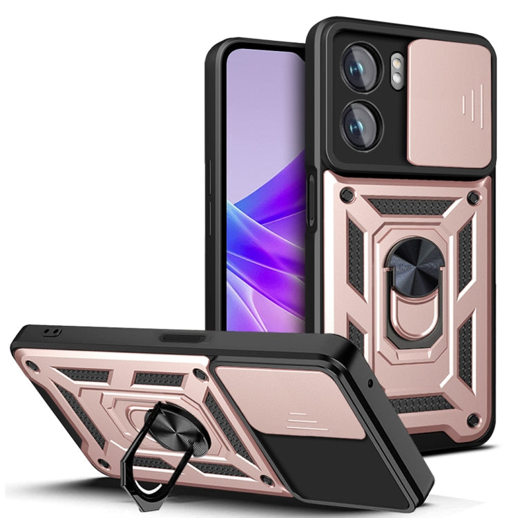 Sliding camera phone case with rugged armor and kickstand, rose and black