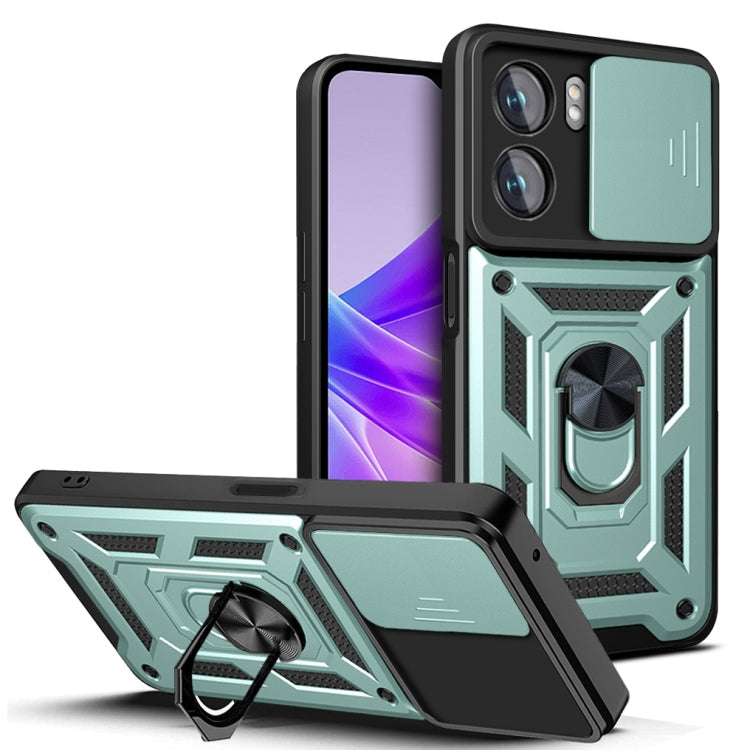 Sliding camera phone case with rugged armor and kickstand, green and black