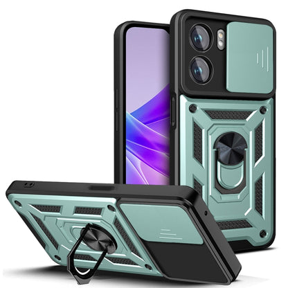 Sliding camera phone case with rugged armor and kickstand, green and black