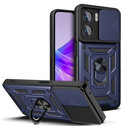 Sliding camera phone case with rugged armor and kickstand, navy and black