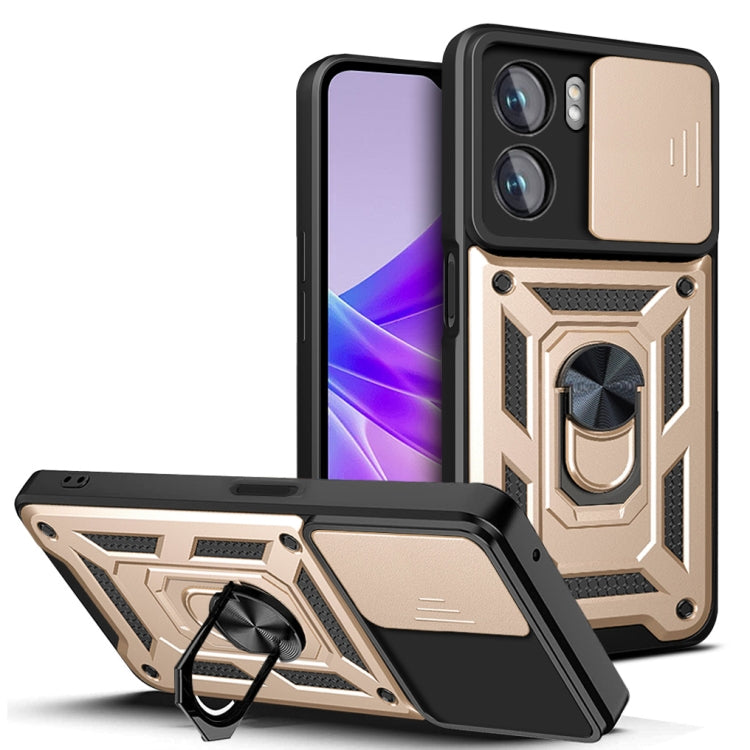 Sliding camera phone case with rugged armor and kickstand, gold and black