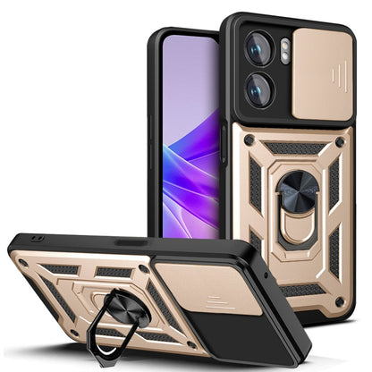 Sliding camera phone case with rugged armor and kickstand, gold and black