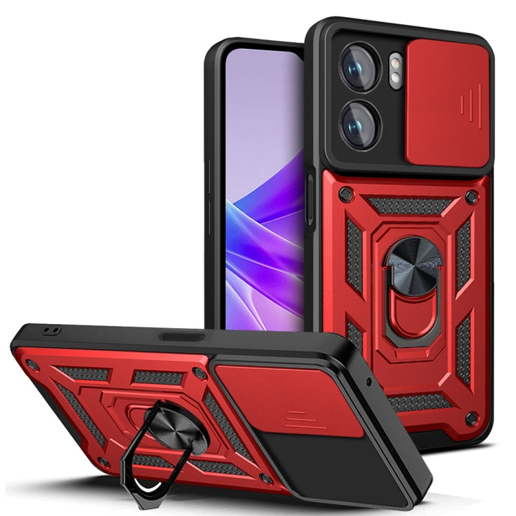 Red and black rugged phone case with sliding camera cover and metal ring kickstand