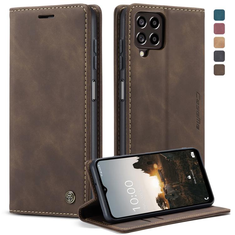 Brown leather flip phone case with card slots and stand