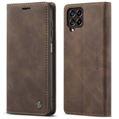 Brown leather phone case, dual-camera cutout, flip cover with side ports