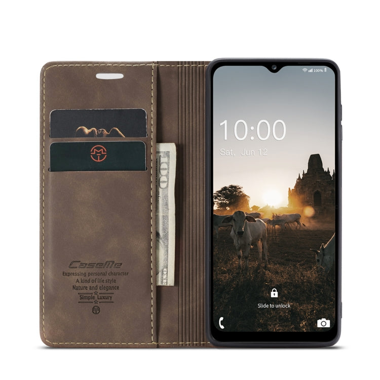 Brown leather flip phone case with card slot, inner pockets, and phone frame
