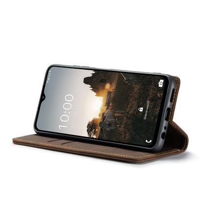 Brown leather horizontal flip case with stand, showing front display