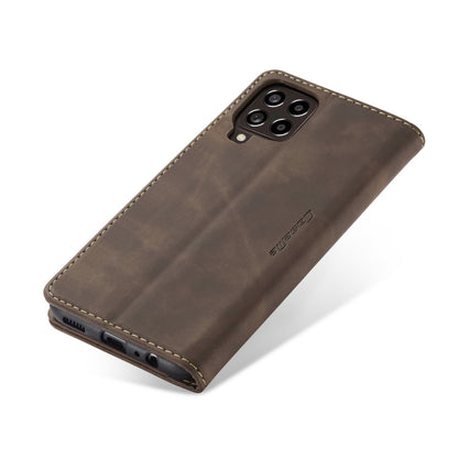 Brown leather phone case with dual-camera opening and stitched trim