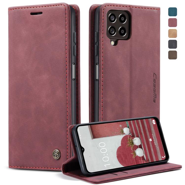 Wine red leather flip phone case with card slot and front stand