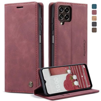 Wine red leather flip phone case with card slot and front stand