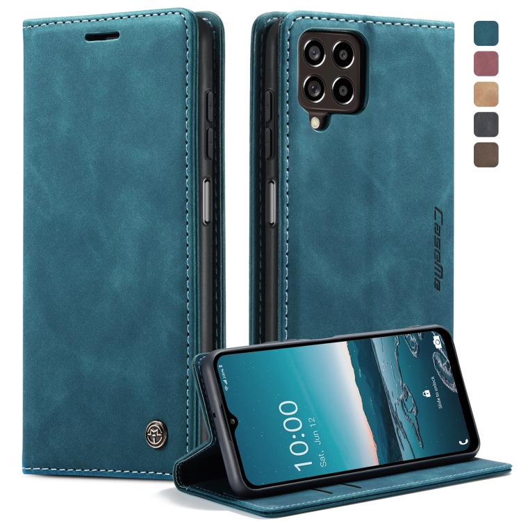 Teal blue leather flip phone case with card slot and stand