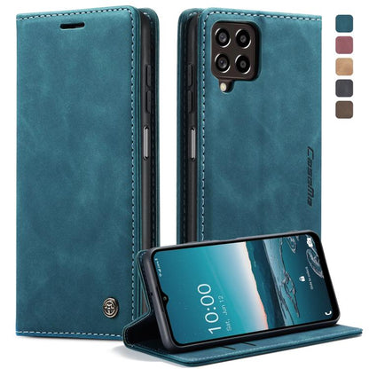 Teal blue leather flip phone case with card slot and stand