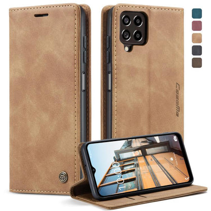 Tan leather flip phone case with card slots and front viewing stand