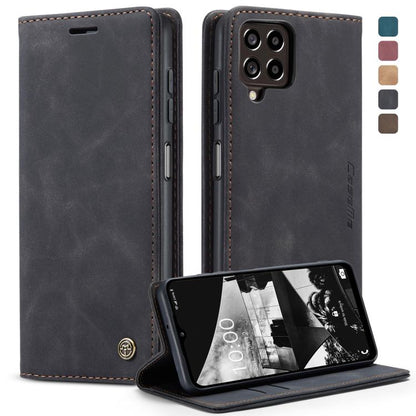 Dark gray leather folio phone case with horizontal flip stand and stitched edges