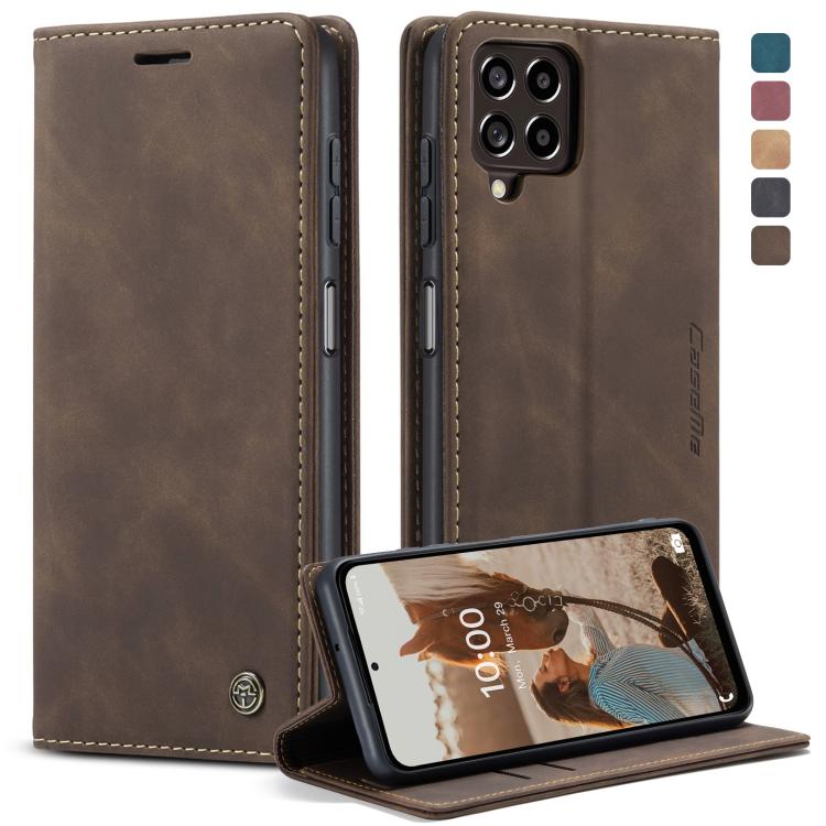 Brown leather folio phone case with horizontal flip stand, stitched trim