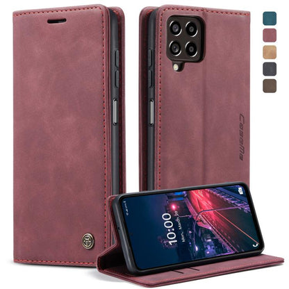 Wine red leather folio phone case with horizontal flip stand and stitched edges
