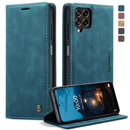 Teal blue leather folio phone case with horizontal flip stand and stitched trim
