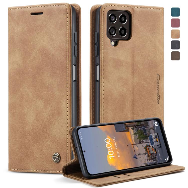 Tan leather folio phone case with horizontal flip stand and stitched trim