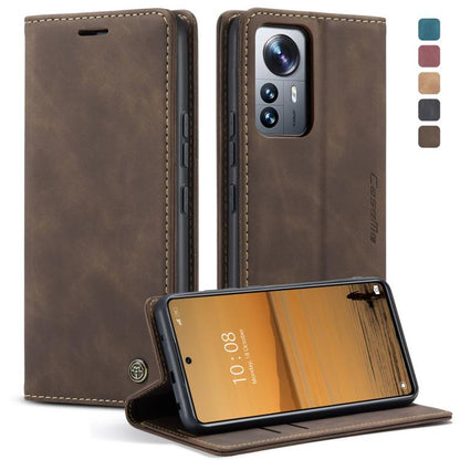 Coffee brown leather folio phone case with horizontal flip stand, dual camera cutout