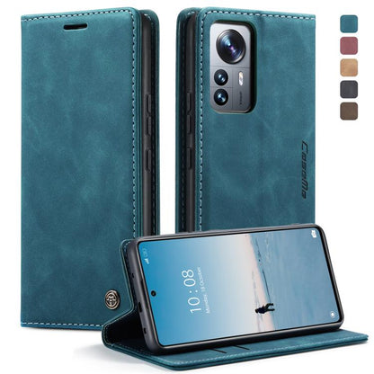 Teal leather folio phone case with horizontal flip stand and stitched trim