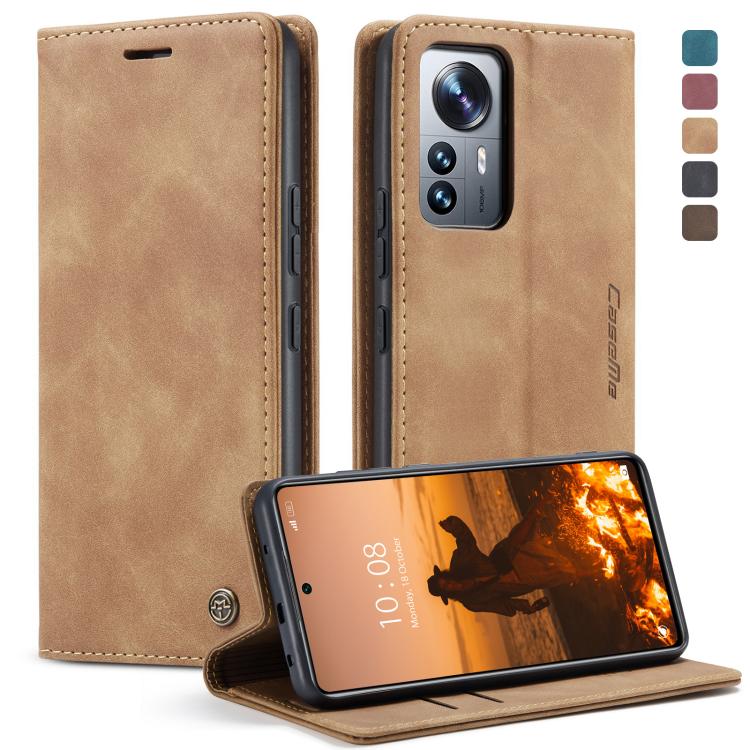 Beige leather folio phone case with horizontal flip stand and stitched trim
