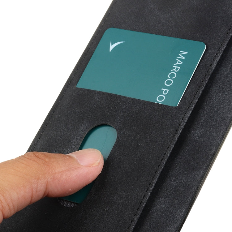 Black flip leather phone case detail showing card slot and teal card pocket.