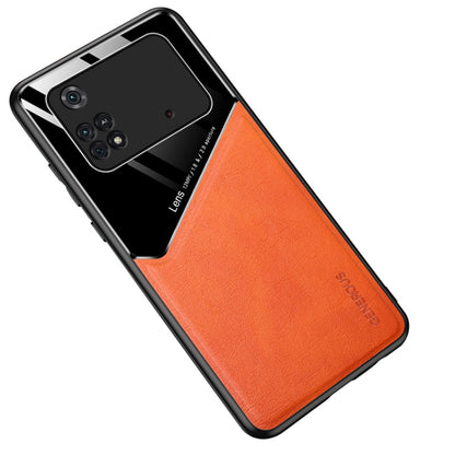 Orange leather and organic glass phone case with raised camera protection