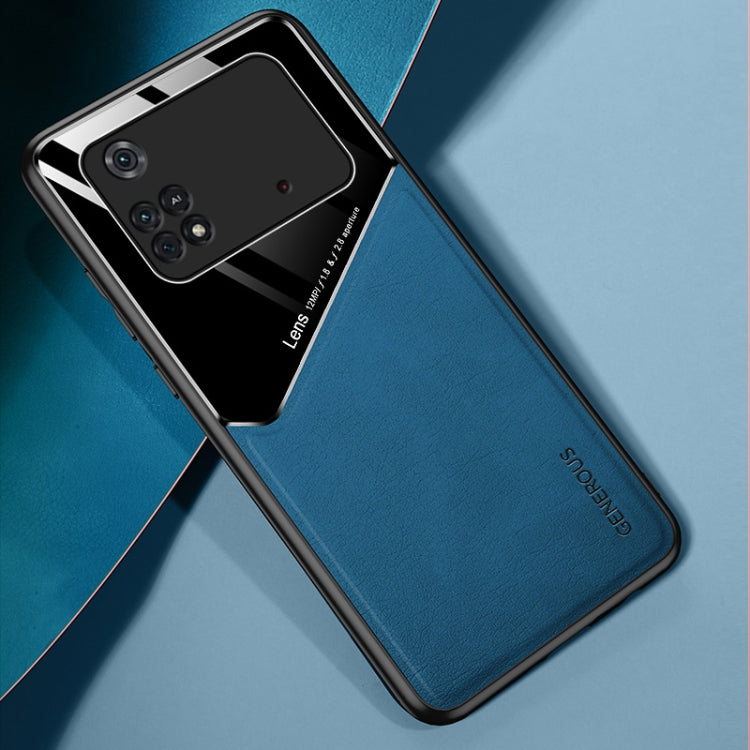 Blue leather and organic glass phone case with raised camera protection