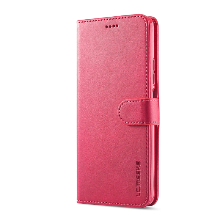 Red calf-textured leather wallet phone case, front cover with card slot.