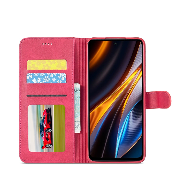 Red folio leather phone case with card slots and stand for viewing.