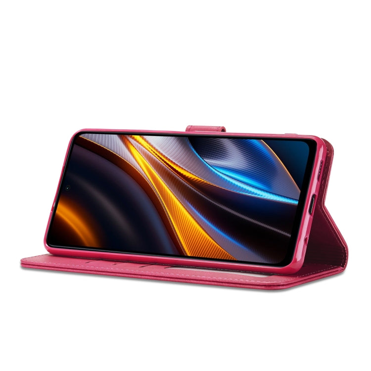Red leather phone case folio stand angled for screen viewing.