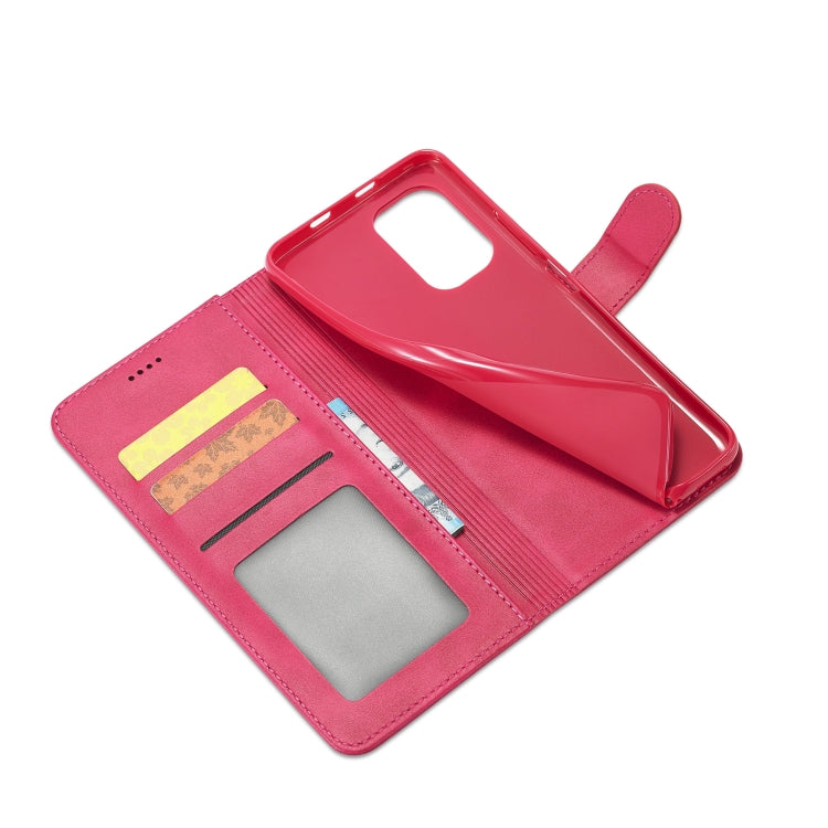 Red leather phone case with card slots and inner TPU frame for phone.