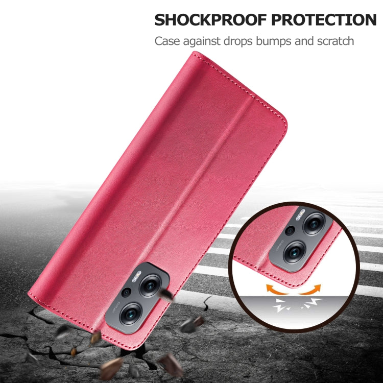 Red calf-textured leather phone case with folio cover and camera protection.