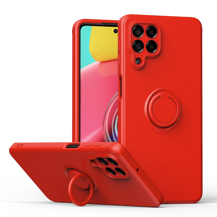 Red silicone phone case with ring kickstand and camera cutouts, protective cover