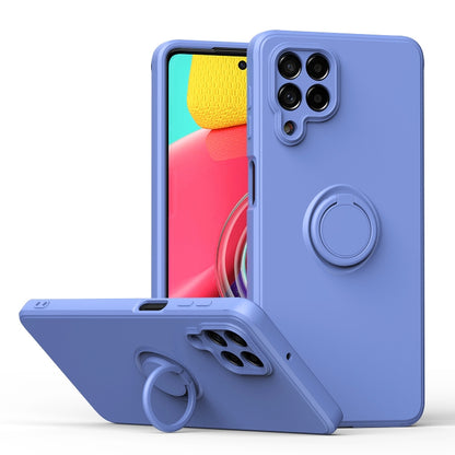 Periwinkle blue silicone phone case with ring kickstand and camera cutouts, protective cover