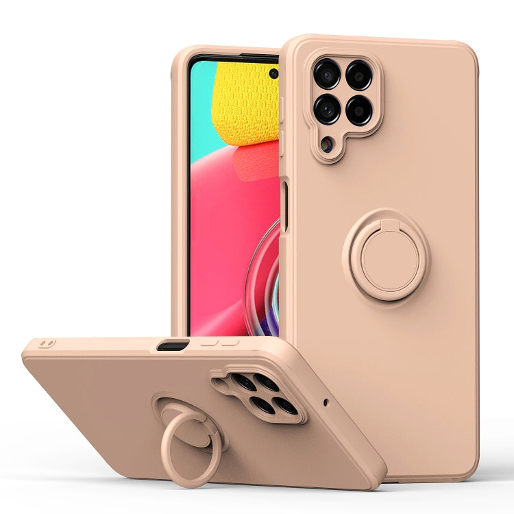 Tan silicone phone case with ring kickstand, raised camera openings, and side cutouts