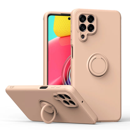 Tan silicone phone case with ring kickstand, raised camera openings, and side cutouts