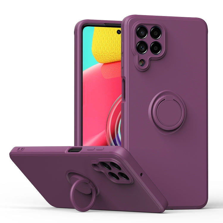 Purple silicone phone case with ring kickstand and raised camera cutouts