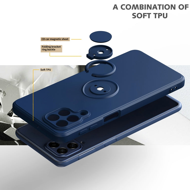 Blue silicone phone case with circular ring kickstand on the back