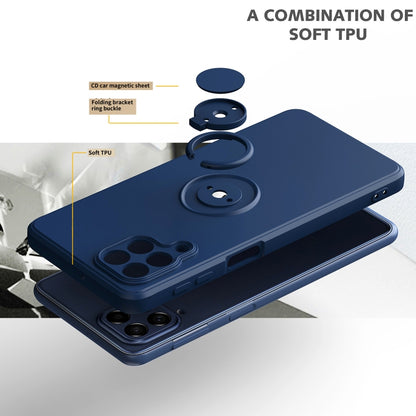 Blue silicone phone case with circular ring kickstand on the back