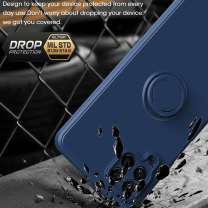 Blue silicone phone case with ring kickstand, impact protection detail and camera openings