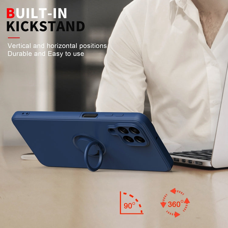 Blue silicone phone case with built-in ring kickstand, side buttons, camera cutouts
