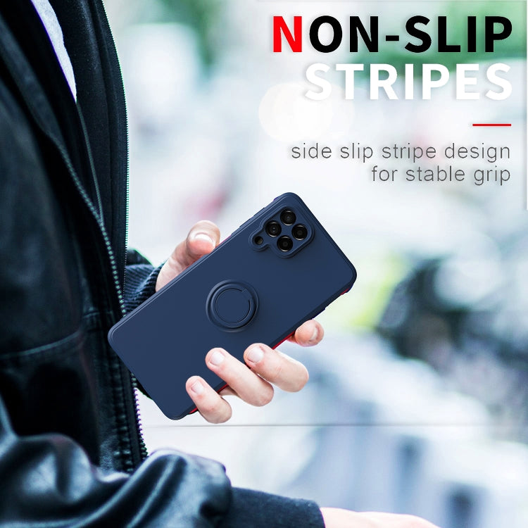 Blue silicone phone case with ring kickstand and rear camera cutouts