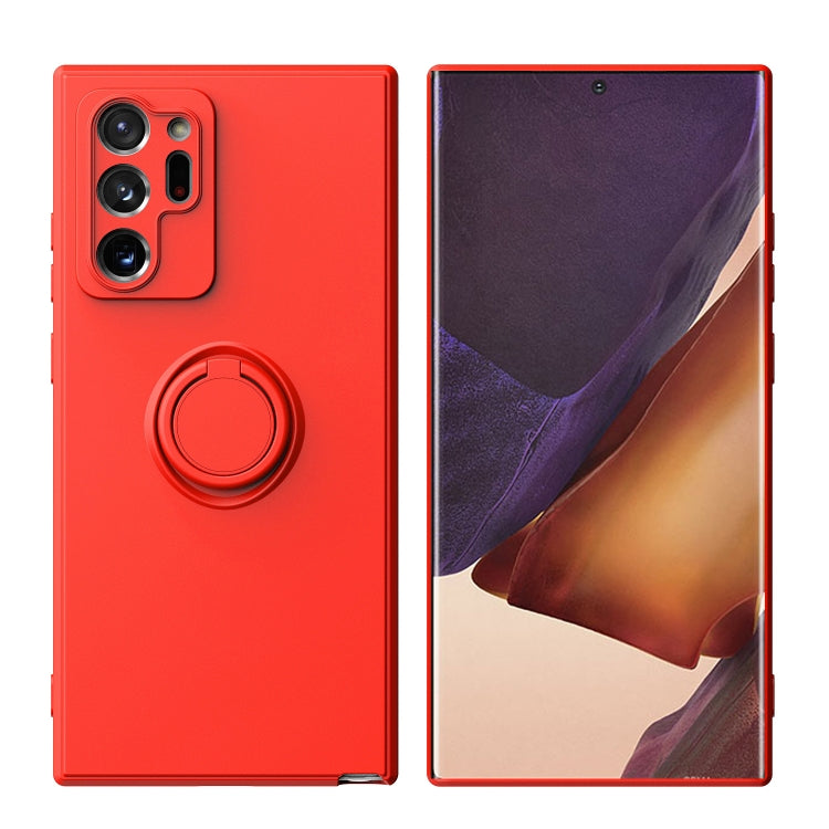 Red silicone phone case with ring kickstand, raised camera cutouts, protective cover