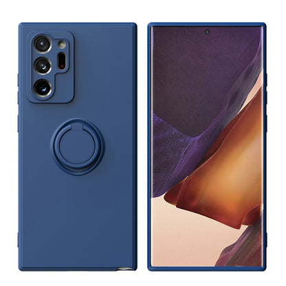 Blue silicone phone case with ring kickstand and camera cutouts, protective cover