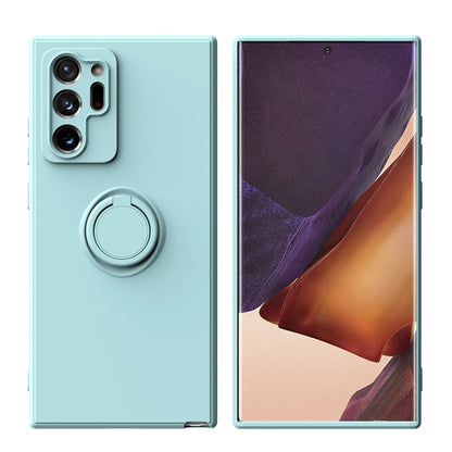 Light cyan silicone phone case with ring kickstand and camera cutouts, protective cover