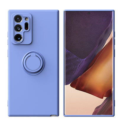 Periwinkle blue silicone phone case with ring kickstand and camera cutouts, protective cover