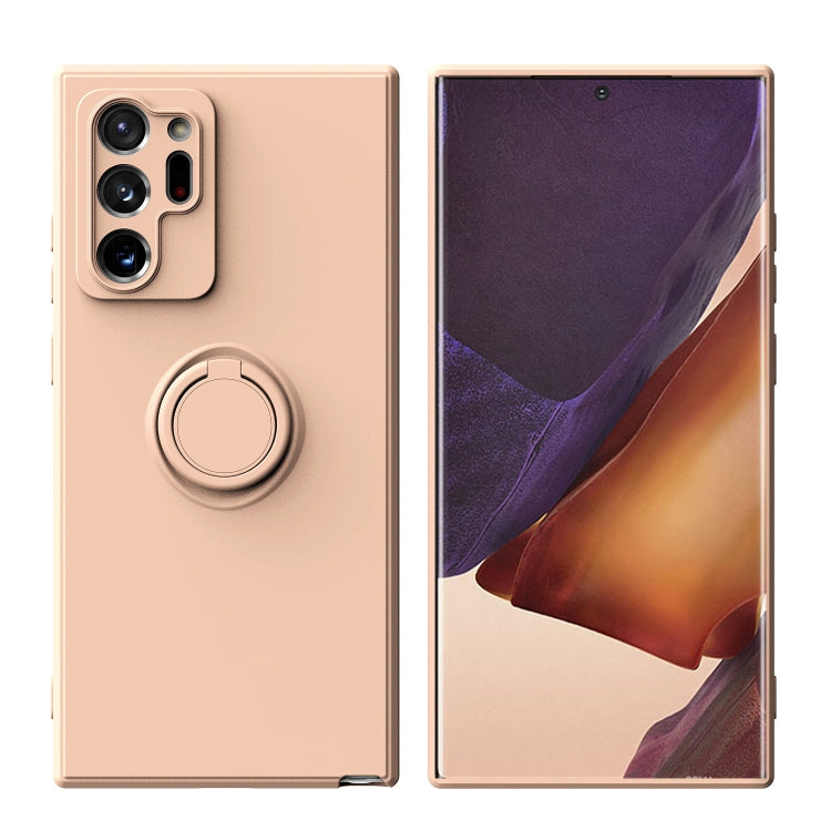 Light pink silicone phone case with ring kickstand and front-facing screen cutout