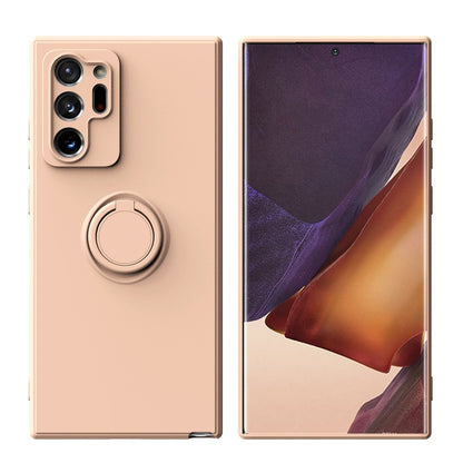 Light pink silicone phone case with ring kickstand and front-facing screen cutout