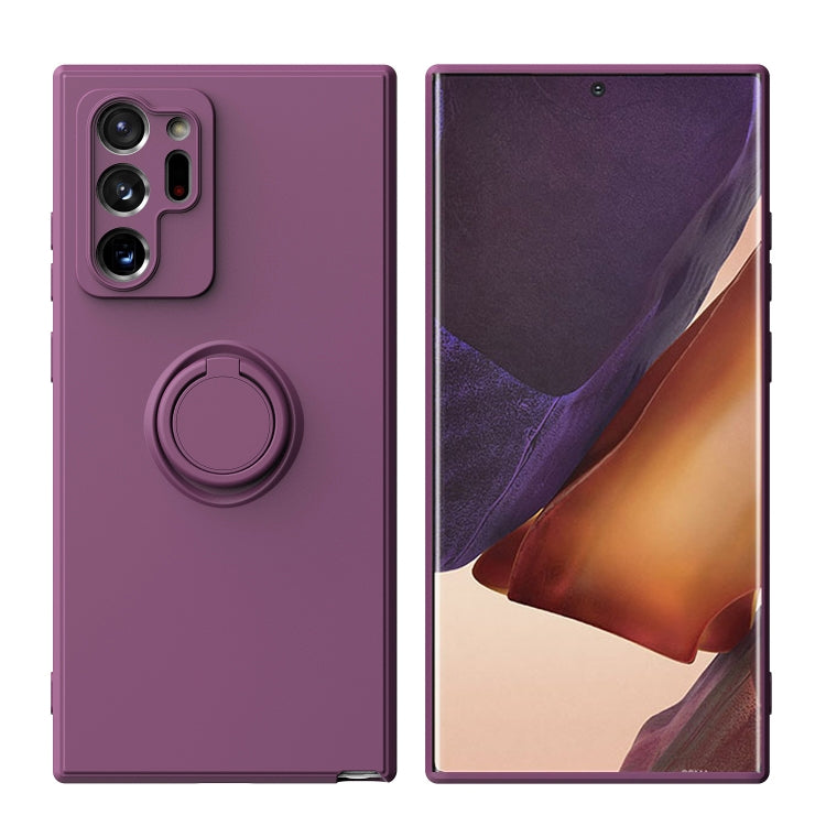 Lavender silicone phone case with ring kickstand and dual-camera cutouts